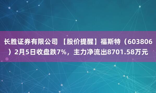 长胜证券有限公司 【股价提醒】福斯特（603806）2月5日收盘跌7%，主力净流出8701.58万元